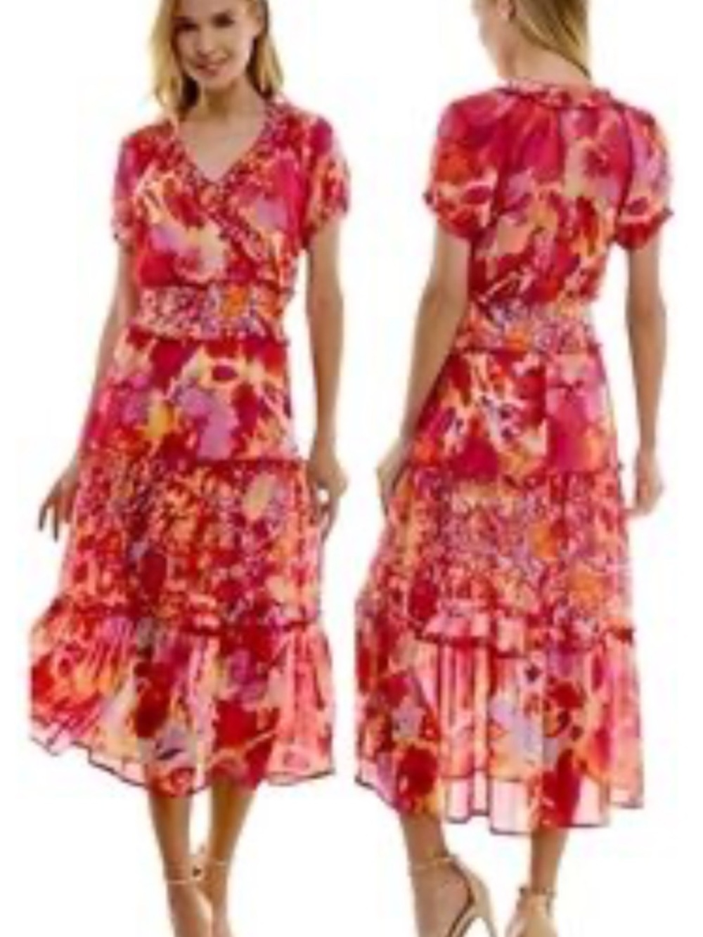 Vibrant Pink Floral Tiered Midi Dress